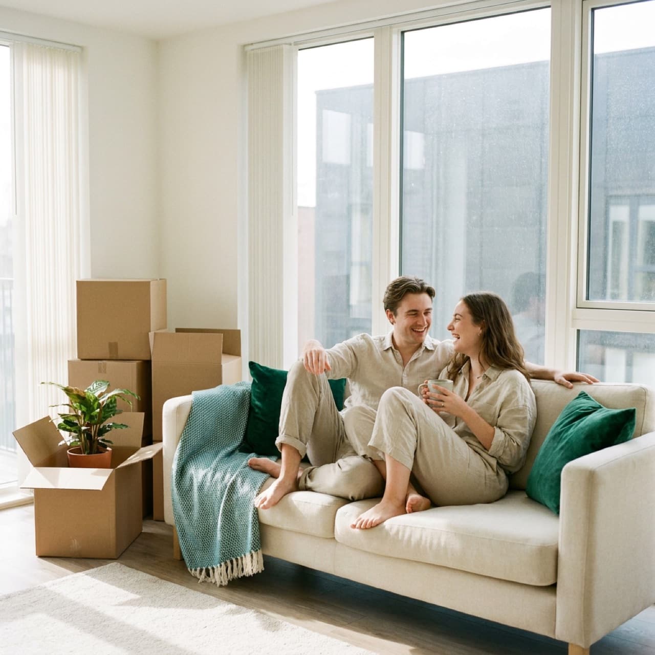 A couple relaxing as they settle into their new home after a move